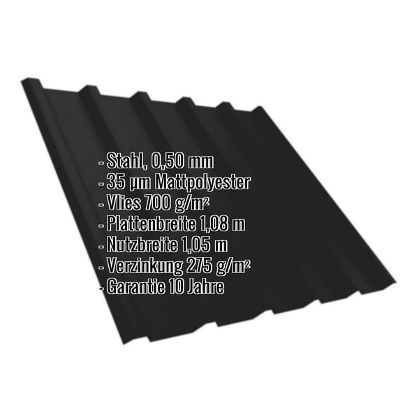 Trapezblech T35M schwarz, 0,50 mm Stahl mit Mattpolyester, Eckdaten eingeblendet