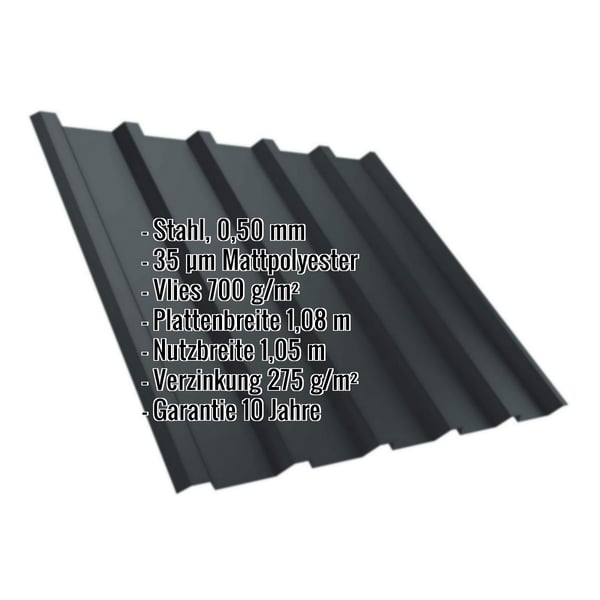 Trapezblech T35M Anthrazitgrau RAL 7016, 0,50 mm Stahl, mit eingeblendeten Eckdaten