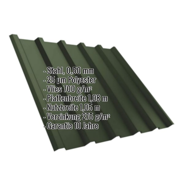 Trapezblech T35M in Chromoxidgrün mit eingeblendeten Eckdaten: Stahl, 0,50 mm, 25 µm Polyester, Vlies 700 g/m²,