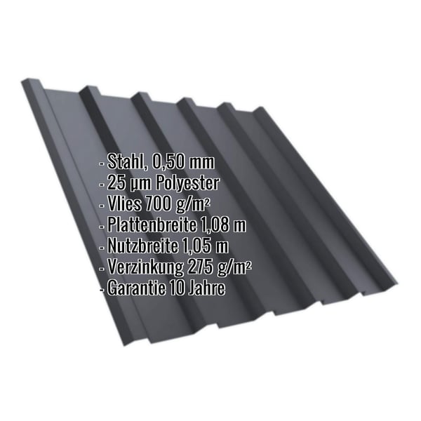 Trapezblech T35M Graphitgrau RAL 7024 mit eingeblendeten Eckdaten zu Material, Staerke und Beschichtung