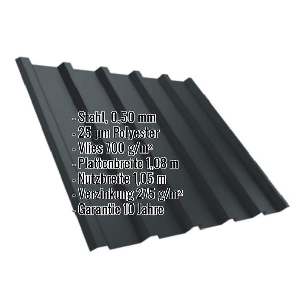 Trapezblech T35M anthrazitgrau, 0,50 mm Stahl, mit eingeblendeten Eckdaten zu Material, Stärke und Beschichtung