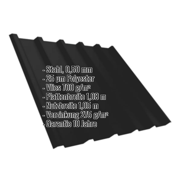 Trapezblech T35M Tiefschwarz RAL 9005 mit Polyesterbeschichtung und Anti-Tropf-Vlies, Eckdaten eingeblendet