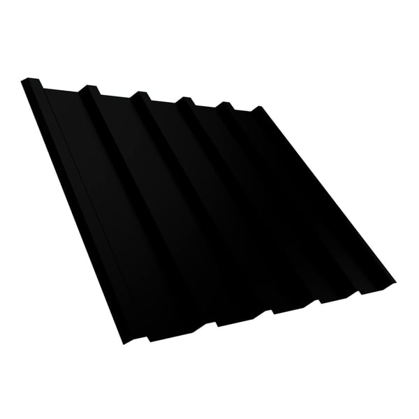 Trapezblech T35M aus Stahl 0,50 mm, Tiefschwarz RAL 9005, 25 µm Polyesterbeschichtung, schräg von oben