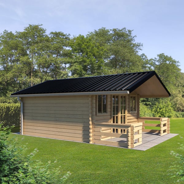 Trapezblech T35M Tiefschwarz RAL 9005 auf dem Dach eines Gartenhauses mit Veranda