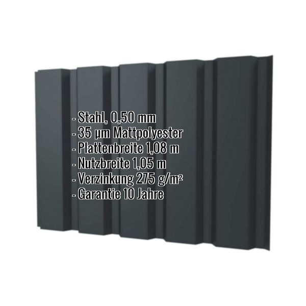 Trapezblech T35M Wand, Anthrazitgrau RAL 7016, 0,50 mm Stahl, mit eingeblendeten Eckdaten