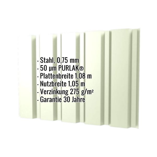Trapezblech T35M Wand Grauweiß RAL 9002 mit 50 µm PURLAK Beschichtung und eingeblendeten Eckdaten