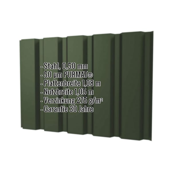 Trapezblech T35M Wand, Gruen, 0,50 mm Stahl, mit eingeblendeten Produktdaten