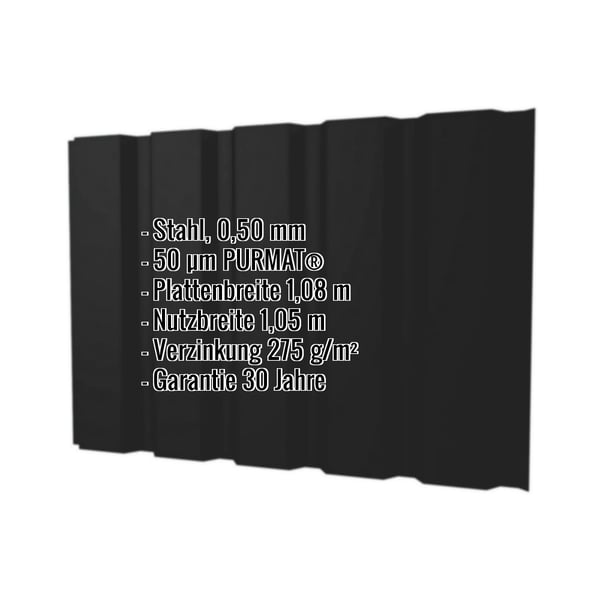 Trapezblech T35M Wand Stahl 0,50 mm Schwarz PURMAT mit eingeblendeten technischen Daten