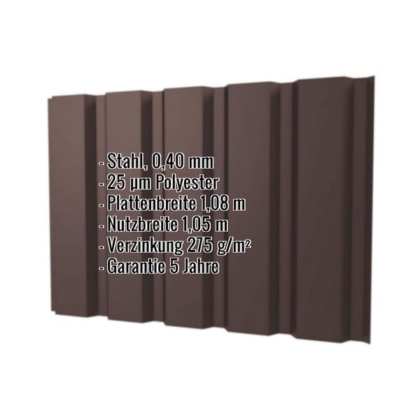 Trapezblech T35M Wand Schokoladenbraun RAL 8017 mit eingeblendeten Eckdaten zu Material, Staerke und Garantie