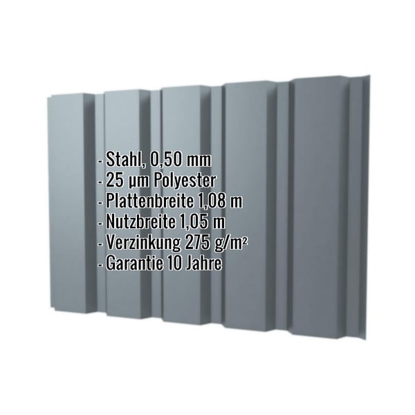 Trapezblech T35M Wand Fehgrau RAL 7000 mit eingeblendeten Eckdaten zu Material, Stärke und Beschichtung