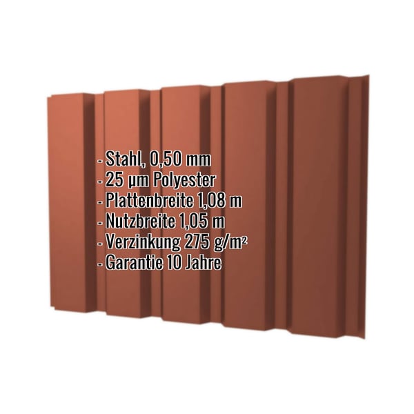Trapezblech T35M Kupferbraun RAL 8004, 0,50 mm Stahl mit Polyesterbeschichtung, Infografik mit Eckdaten