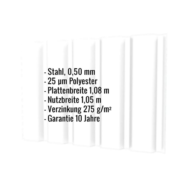 Trapezblech T35M Reinweiß, 0,50 mm, mit eingeblendeten technischen Daten und Garantiehinweis