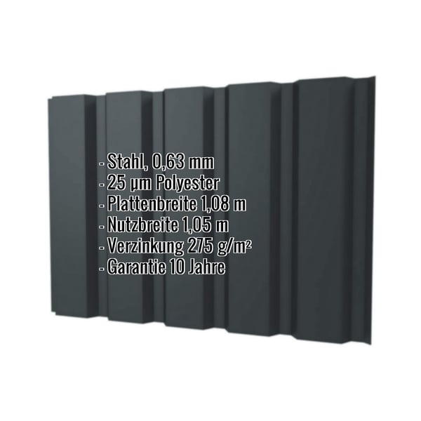 Trapezblech T35M Wand Anthrazitgrau RAL 7016, 0,63 mm Stahl, mit eingeblendeten Eckdaten