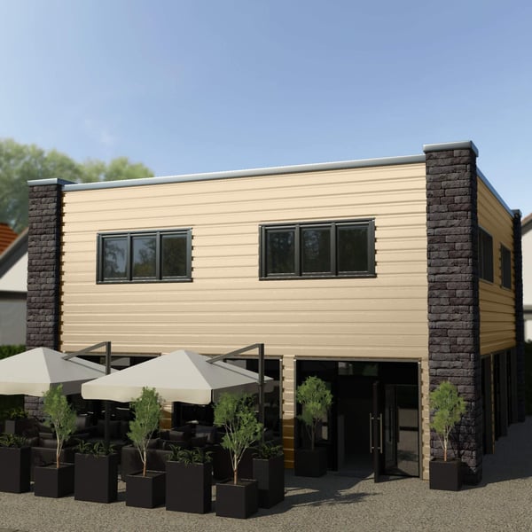 Gebaeudefassade mit Trapezblech T35M Hellelfenbein als Wandverkleidung