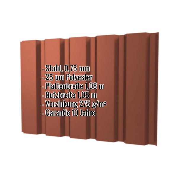 Trapezblech T35M Wand Kupferbraun RAL 8004, 0,75 mm Stahl, mit eingeblendeten Eckdaten