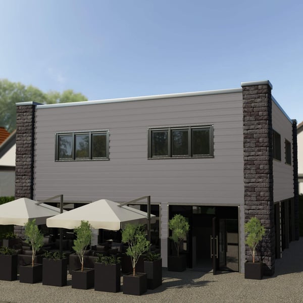 Trapezblech T35M Graualuminium als Wandverkleidung an einem Gebaeude mit Terrasse