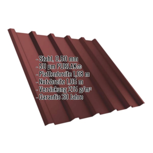 Trapezblech T35MD rotbraun, 0,50 mm Stahl, PURLAK Beschichtung, mit eingeblendeten Eckdaten