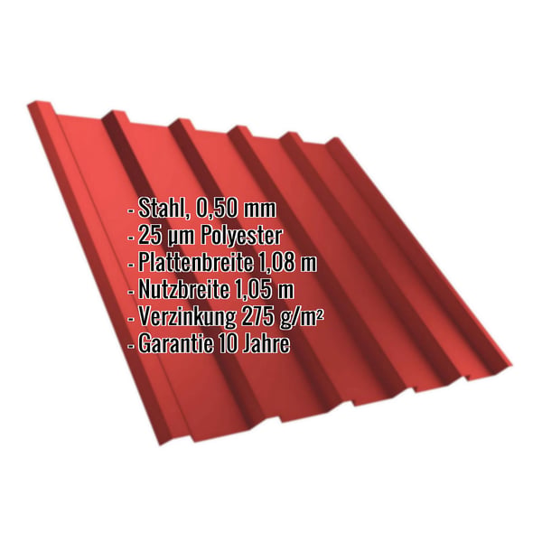 Trapezblech T35MD korallenrot, 0,50 mm Stahl, mit eingeblendeten Eckdaten zu Material und Garantie
