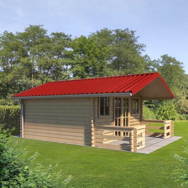 Trapezblech T35MD korallenrot auf einem Gartenhaus mit Vordach, Dach verlegt