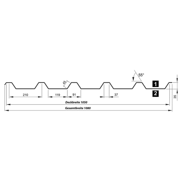 Technische Zeichnung Trapezblech T35MD mit Massen und Profil-Skizze