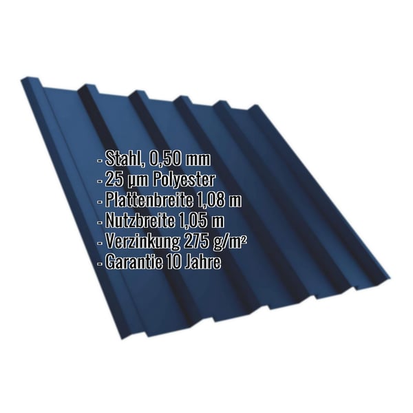 Trapezblech T35MD Enzianblau mit eingeblendeten technischen Daten wie Material, Stärke und Beschichtung