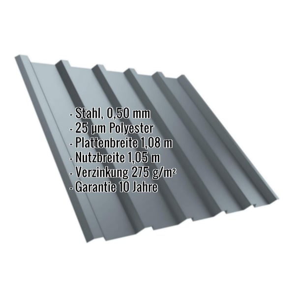 Trapezblech T35MD aus Fehgrau RAL 7000 Stahl, 0,50 mm, mit eingeblendeten Eckdaten