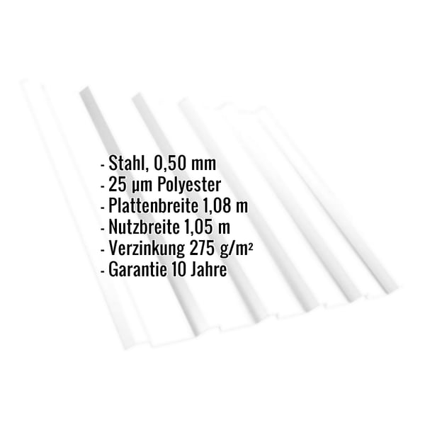 Trapezblech T35MD Reinweiß 0,50 mm, mit eingeblendeten Eckdaten zu Material, Beschichtung und Massen
