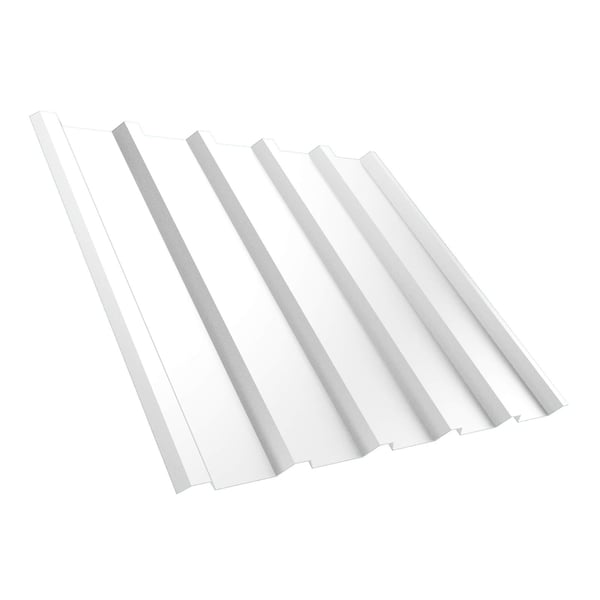 Trapezblech T35MD Reinweiß 0,50 mm, schräg von oben, mit Hochsicken und Antikapillarrille