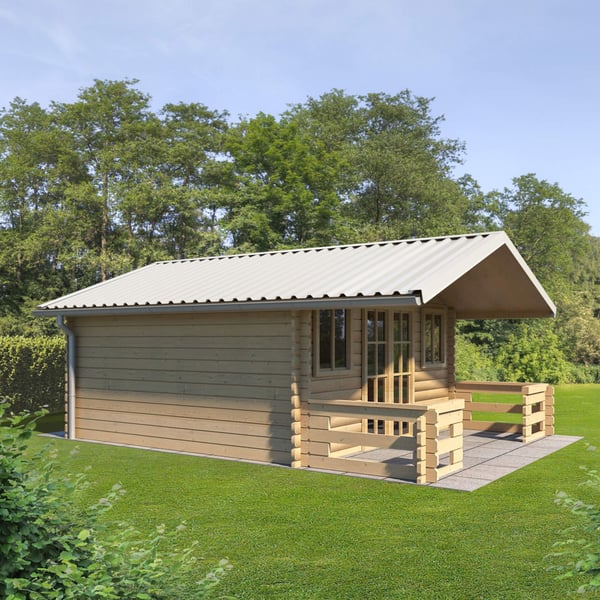 Trapezblech T35MD Reinweiß auf dem Dach eines Gartenhauses mit Vordach