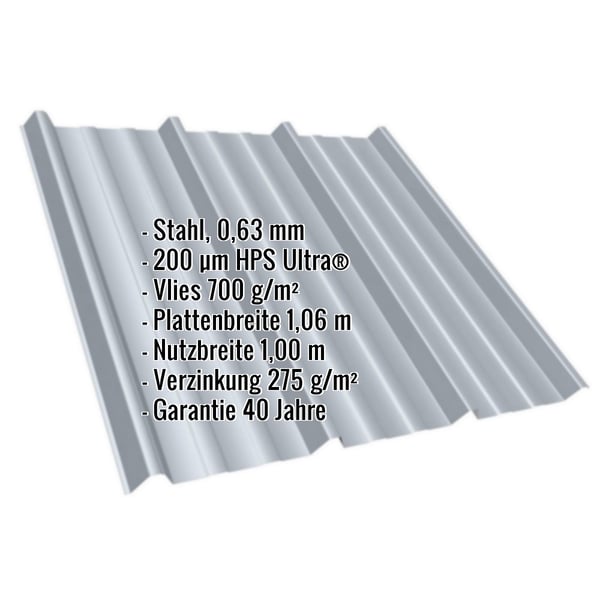 Trapezblech T45/333M Fenstergrau mit eingeblendeten Eckdaten wie Material, Staerke und Beschichtung