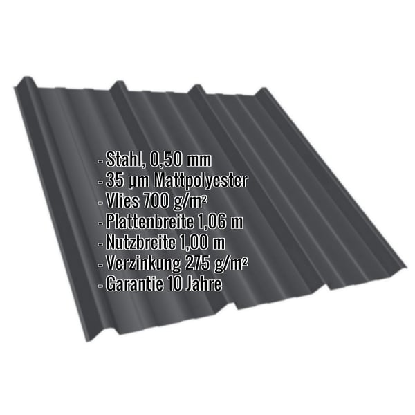 Trapezblech T45/333M schwarz mit Anti-Tropf-Vlies und eingeblendeten Produktdaten