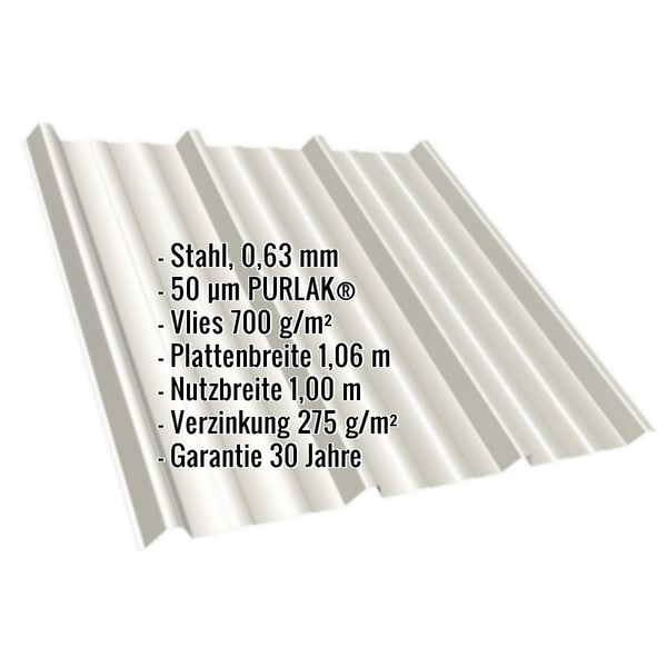 Trapezblech T45/333M in Grauweiß, 0,63 mm Stahl mit PURLAK
Beschichtung, Eckdaten eingeblendet