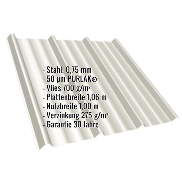 Trapezblech T45/333M in Grauweiß (RAL 9002) mit eingeblendeten Eckdaten zu Material, Stärke und Beschichtung