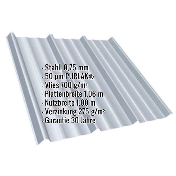 Trapezblech T45/333M in Weißaluminium, 0,75 mm Stahl, mit eingeblendeten Eckdaten