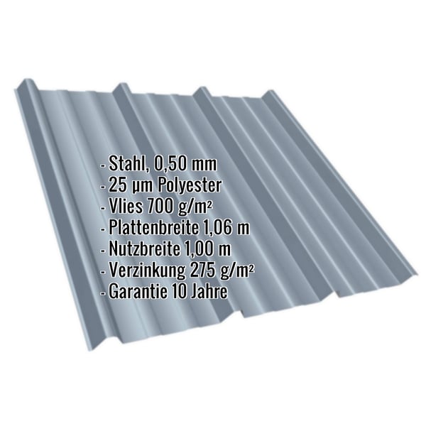 Trapezblech T45/333M Fehgrau mit eingeblendeten Eckdaten zu Material, Beschichtung und Massen