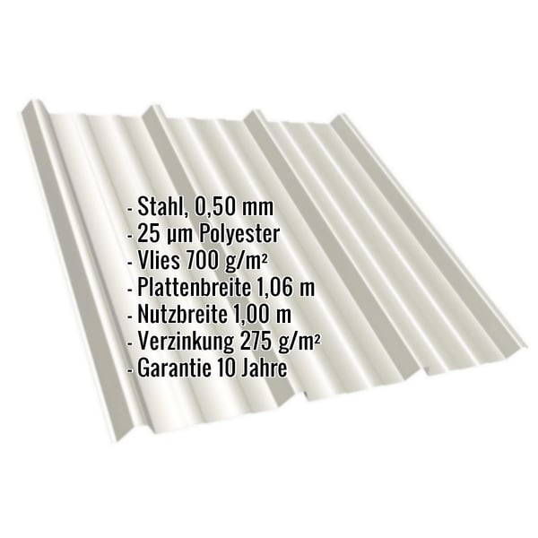 Trapezblech T45/333M Grauweiß RAL 9002 mit eingeblendeten technischen Daten