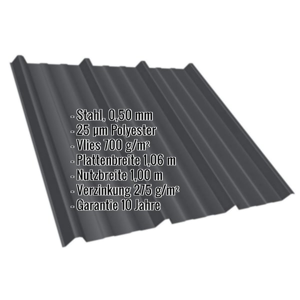 Trapezblech T45/333M Tiefschwarz mit eingeblendeten Eckdaten zu Material, Staerke, Beschichtung und Massen