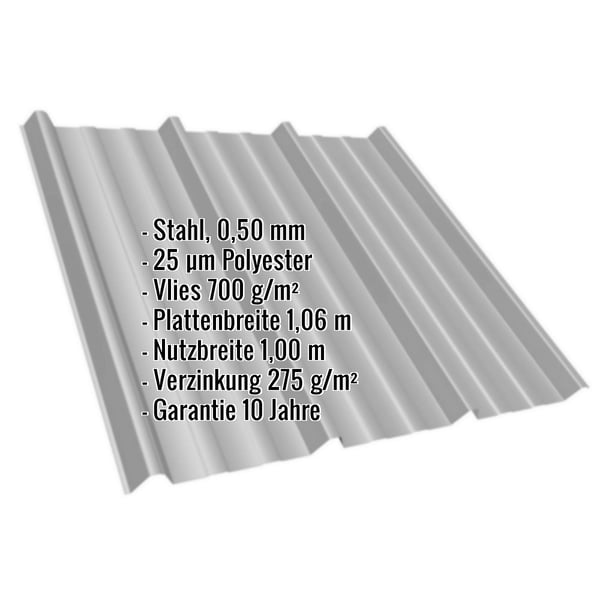 Trapezblech T45/333M Graualuminium mit eingeblendeten Eckdaten zu Material, Staerke und Beschichtung