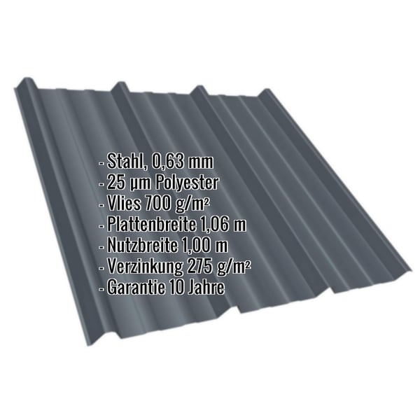 Trapezblech T45/333M Anthrazitgrau, 0,63 mm Stahl mit 25 µm Polyesterbeschichtung, Eckdaten eingeblendet