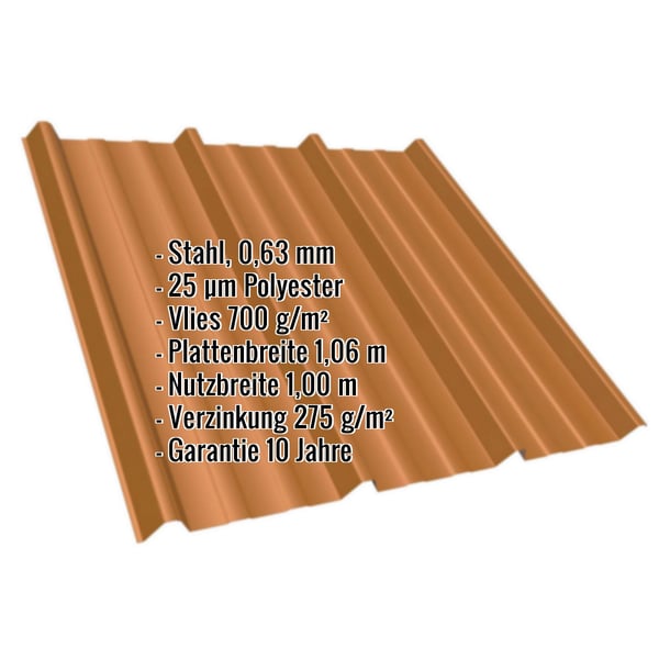 Trapezblech T45/333M in Kupferbraun, Stahl 0,63 mm, mit eingeblendeten Eckdaten zu Material und Massen