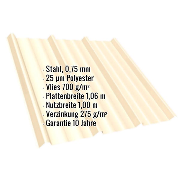 Trapezblech T45/333M Hellelfenbein mit eingeblendeten Eckdaten zu Material, Staerke, Vlies und Massen