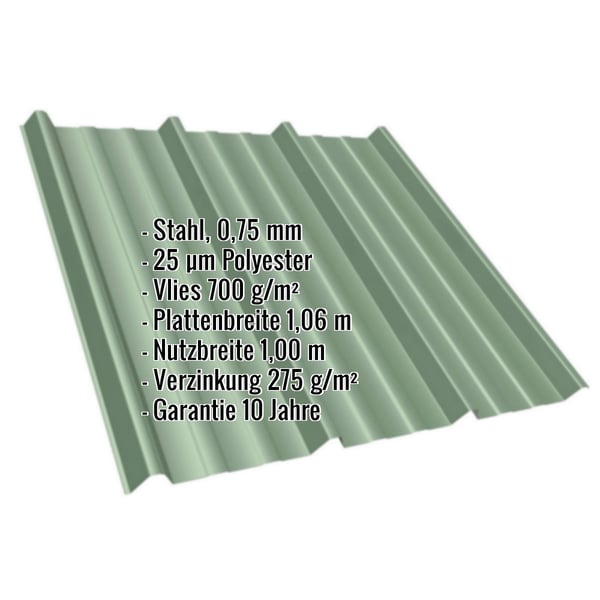 Trapezblech T45/333M Resedagrün mit eingeblendeten Eckdaten Stahl 0,75 mm, 25 µm Polyester, Vlies 700 g/m²