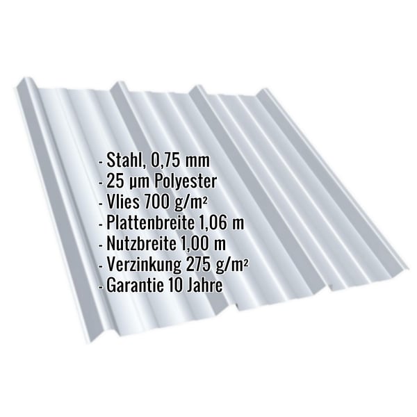Trapezblech T45/333M Lichtgrau RAL 7035 mit Polyesterbeschichtung, 0,75 mm Stahl, Eckdaten eingeblendet