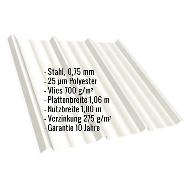 Trapezblech T45/333M Reinweiß RAL 9010 mit eingeblendeten Eckdaten zu Material, Stärke, Beschichtung und Maßen