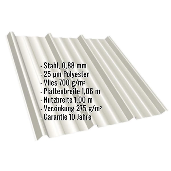 Trapezblech T45/333M, Grauweiß RAL 9002, mit eingeblendeten Eckdaten zu Material, Stärke und Beschichtung