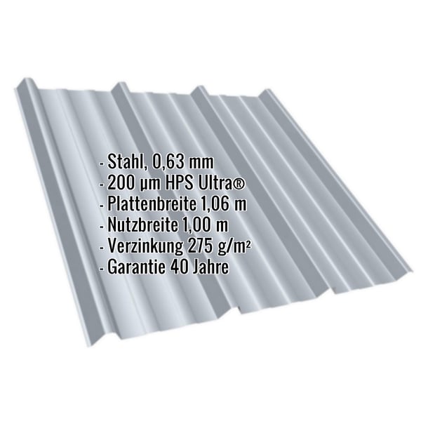 Trapezblech T45/333MD Fenstergrau mit eingeblendeten Eckdaten zu Material, Staerke und Beschichtung