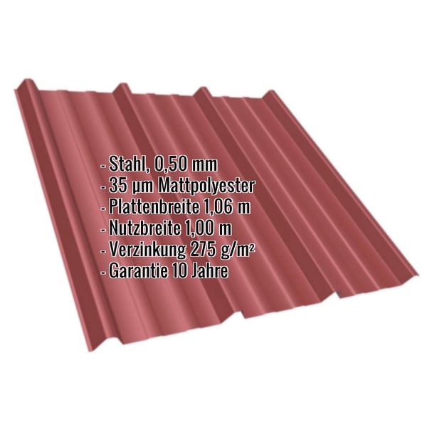 Trapezblech T45/333MD kirschrot, 0,50 mm Stahl, mit eingeblendeten Eckdaten
