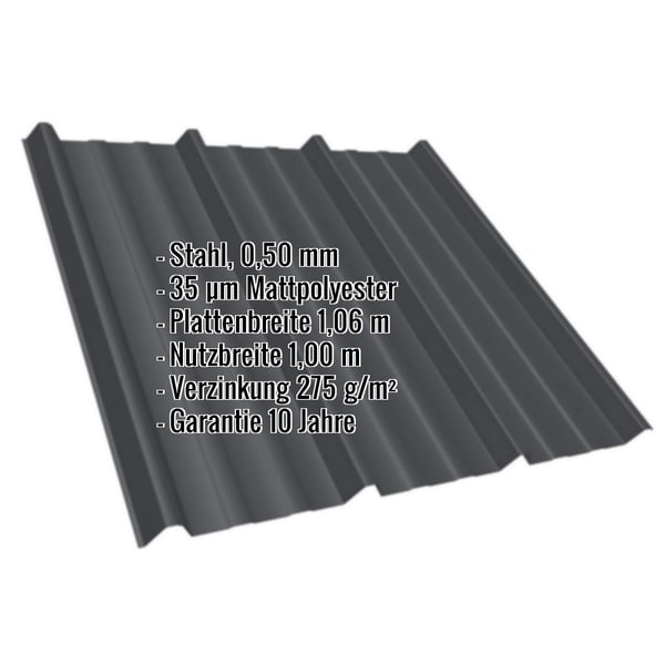 Trapezblech T45/333MD, Stahl 0,50 mm, Schwarz Mattpolyester, mit eingeblendeten technischen Daten