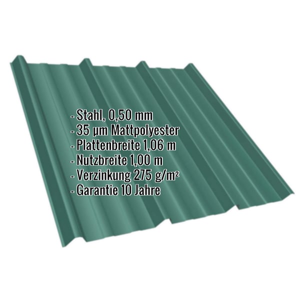 Trapezblech T45/333MD Moosgrün, 0,50 mm Stahl mit Mattpolyester-Beschichtung, Eckdaten eingeblendet