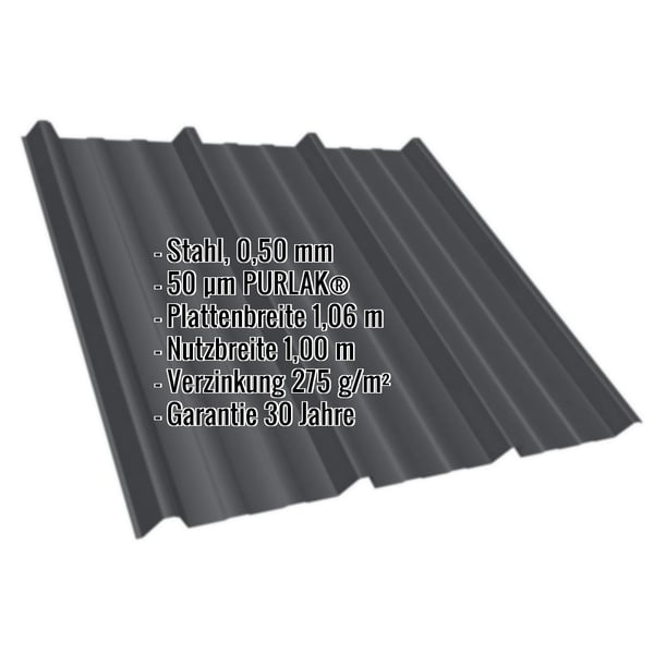 Trapezblech T45/333MD Tiefschwarz, 0,50 mm Stahl, PURLAK® Beschichtung, mit eingeblendeten Eckdaten